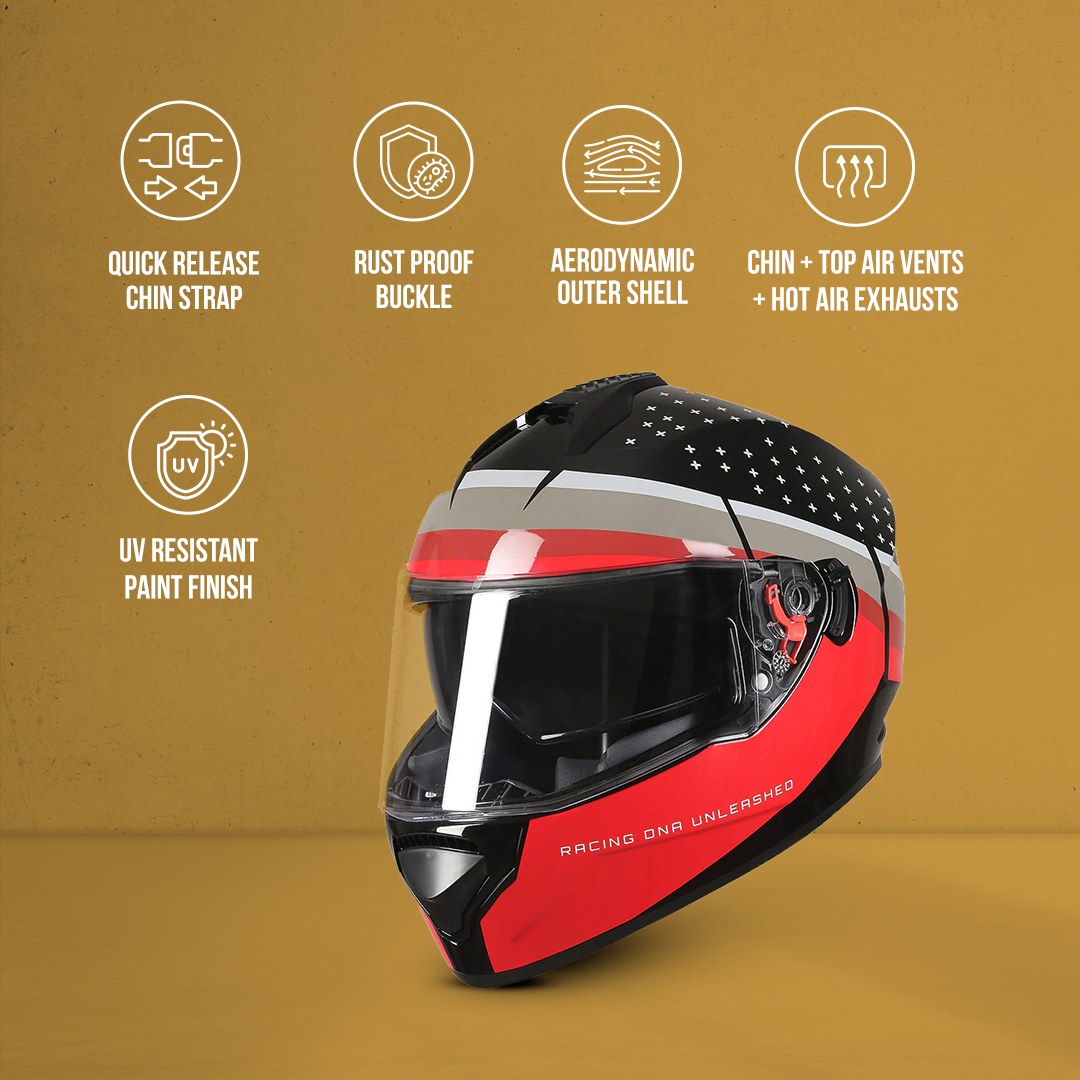 TVS Racing Phantom Series Full Face Dual Visor Helmet for Men | Premium Bike Helmets with ABS Shell, UV Paint | Quick Release System | Aerodynamic Design | DOT & ISI Certified (Black V1)